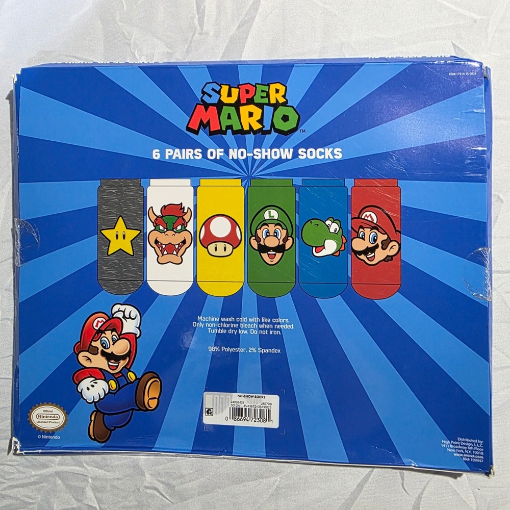 Nintendo Super Mario Bros 6 Pack No Show Socks Mario Luigi Yoshi Bowser Toad S - Picture 3 of 3